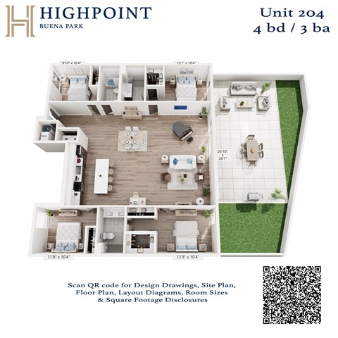 A floor plan for Unit 204 at Highpoint Buena Park shows a 4 bedroom, 3 bathroom apartment layout.